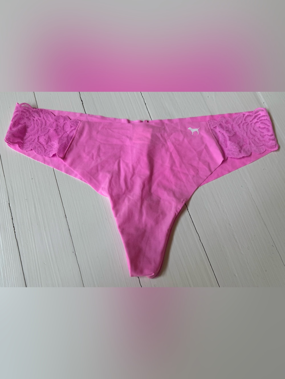 NWT PINK Victoria’s Secret XXL Hot Pink Lace Trim Thong Panty Logo Rare